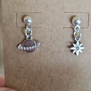 Silver Tone Saturn & Star Drop Earrings